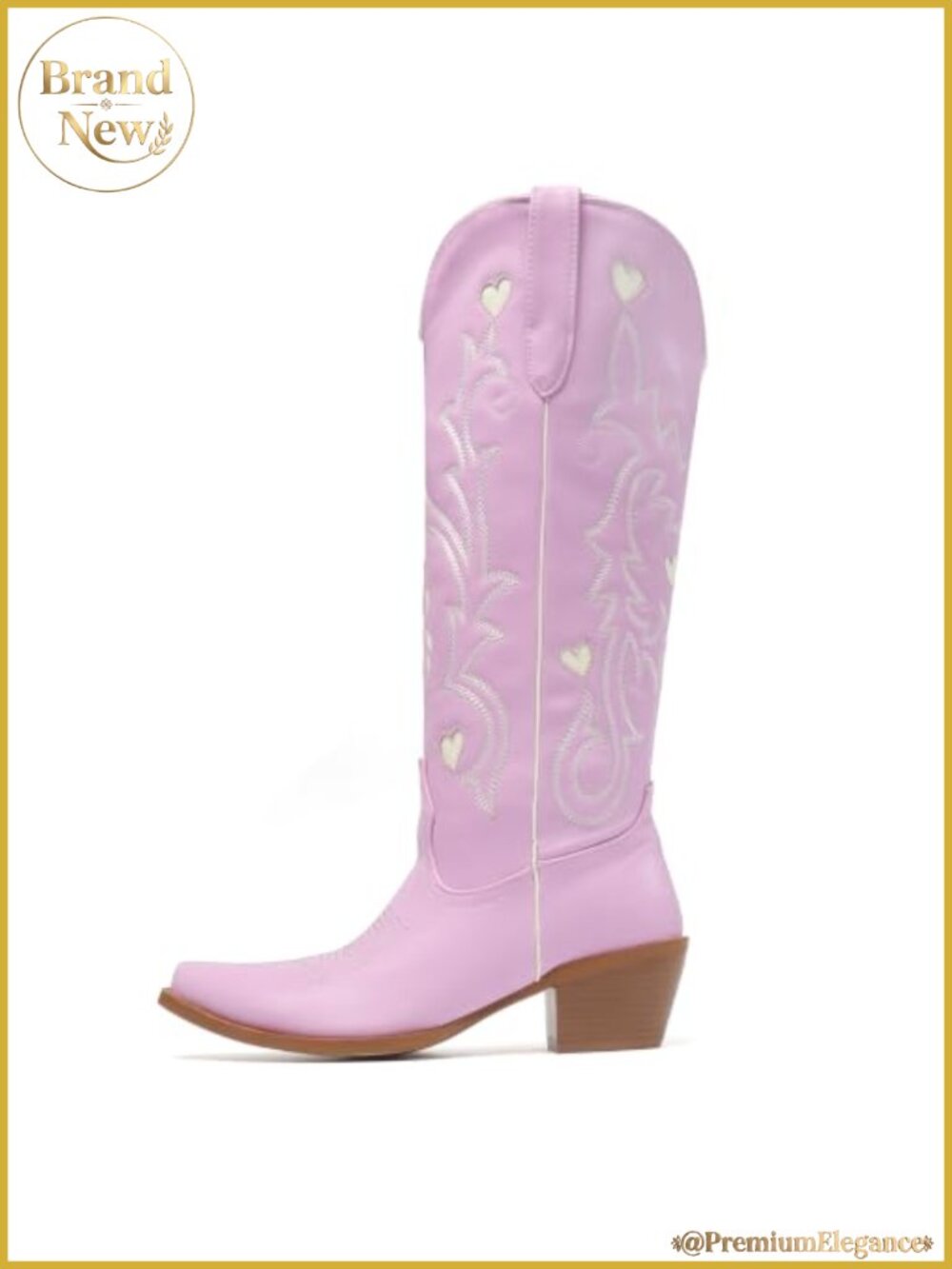 Knee High Cowboy Boots Embroidered Hearts Pointed Toe Block Heel Faux Leather